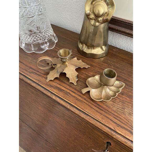 Vintage Solid Brass Candle Holder Set Fall Leaves Brass Candle Stick Holders MCM - Picture 1 of 6